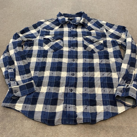 Frye Shirt Mens XL Blue White Plaid Flannel Button Down Long Sleeve Cotton - Picture 1 of 9